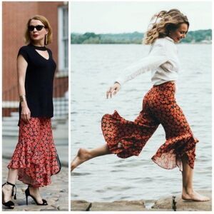 Anthro Bright Floral Virginie Cropped Ruffled Flare High Waisted Pants 2